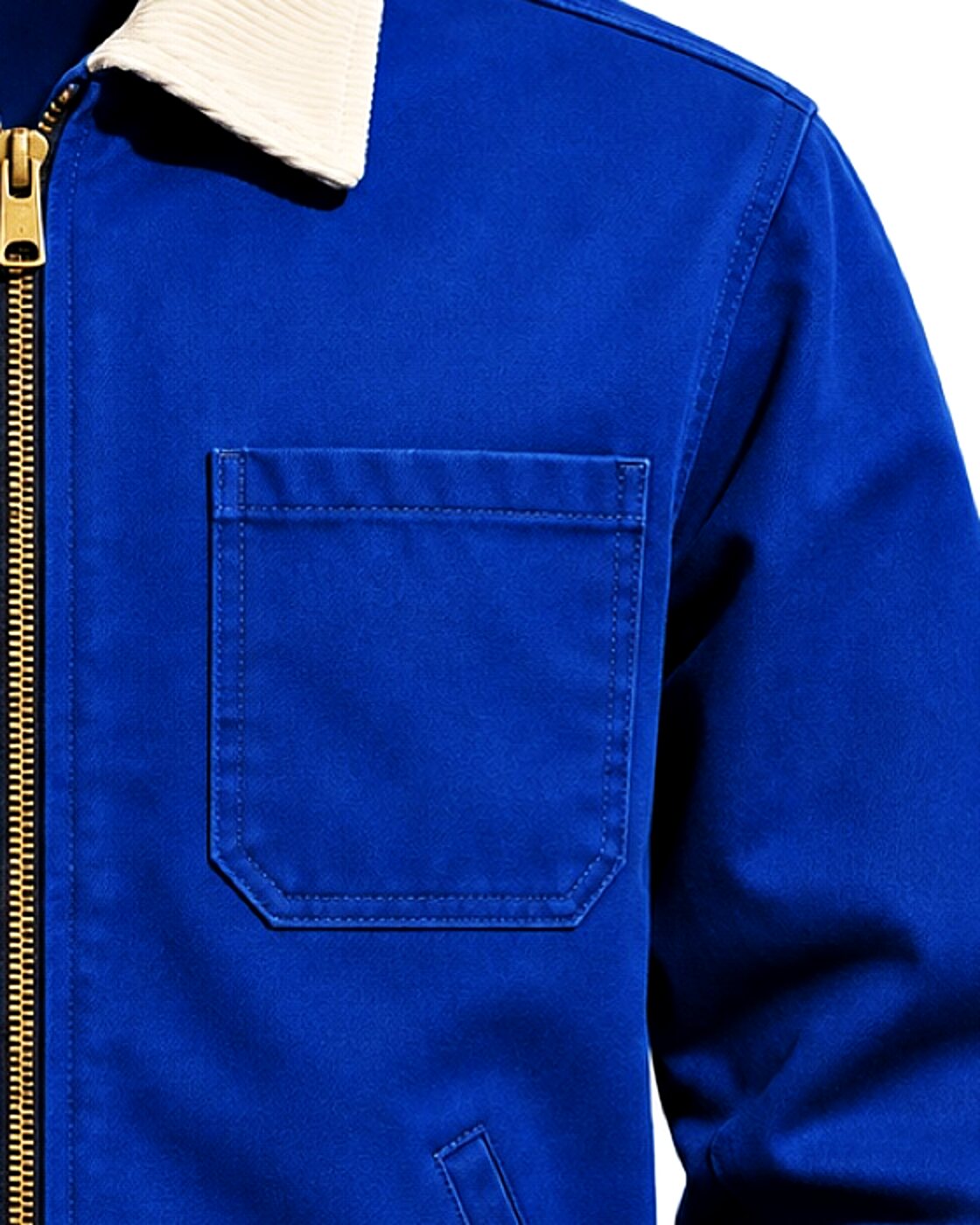 Model in the blue mechanic zip jacket